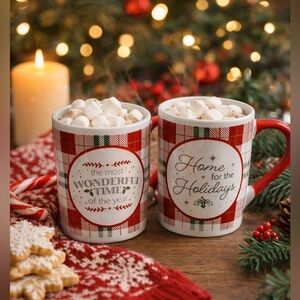 NWT Festive Plaid Holiday Mugs Set Of 2 Red and white Cozy mug stocking stuffer